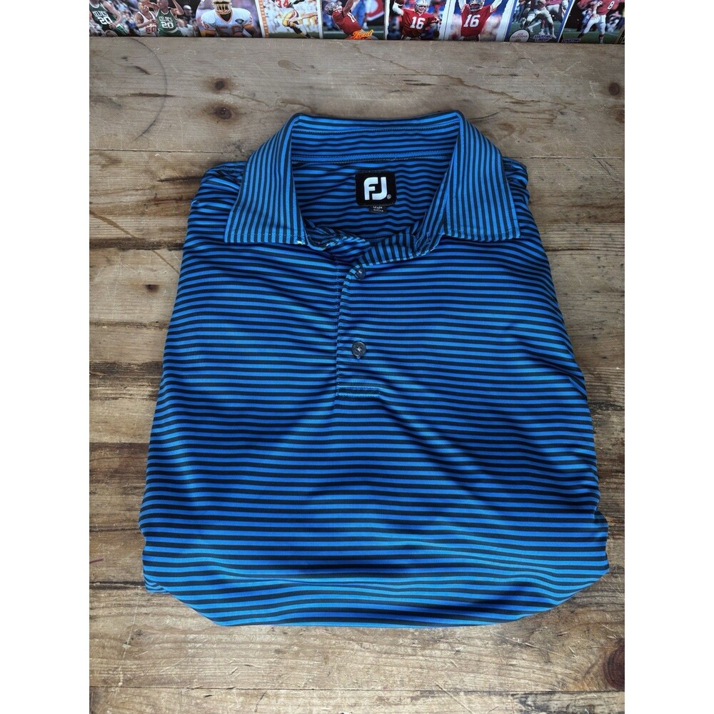 Footjoy Golf Polo Shirt Blue Black Striped Performance Stretch Fit Size XL Mens